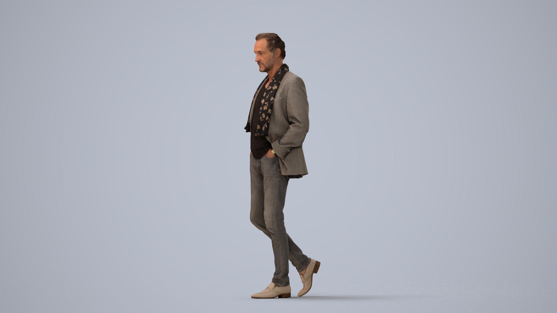 realistic 3D man business standing, scanned archviz people for Blender and 3ds Max, three-quarter view render