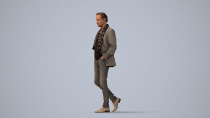 realistic 3D man business standing, scanned archviz people for Blender and 3ds Max, three-quarter view render