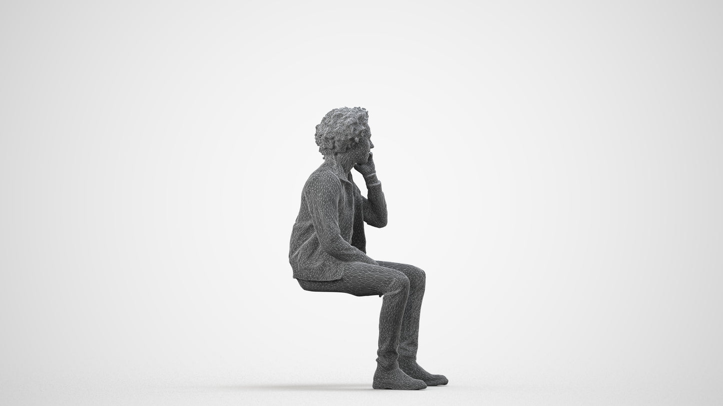 3D people model man casual sitting, scanned human for 3ds Max rendering, wireframe side view