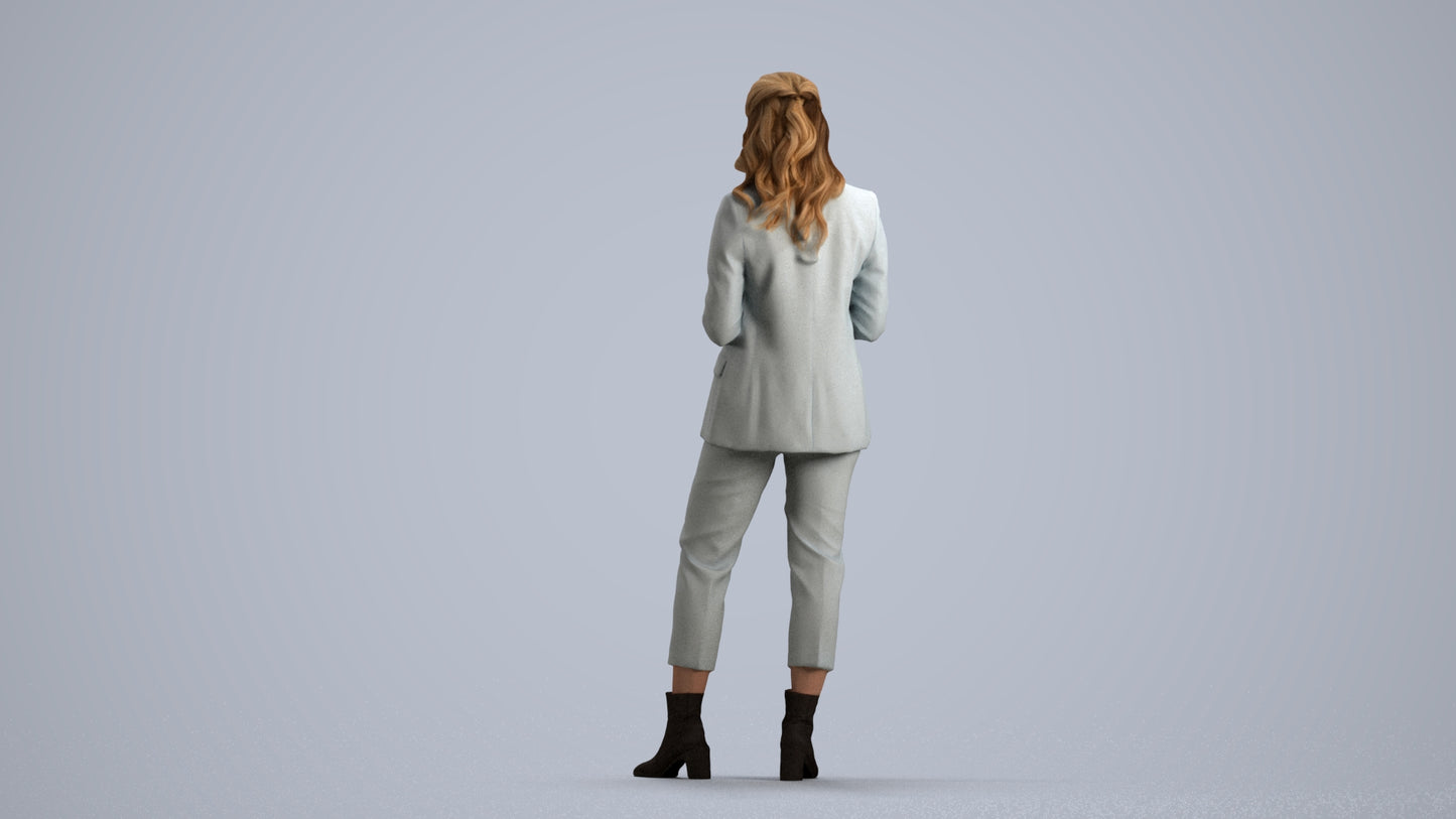 3D human model woman business, photogrammetry scanned person for archviz, front view render
