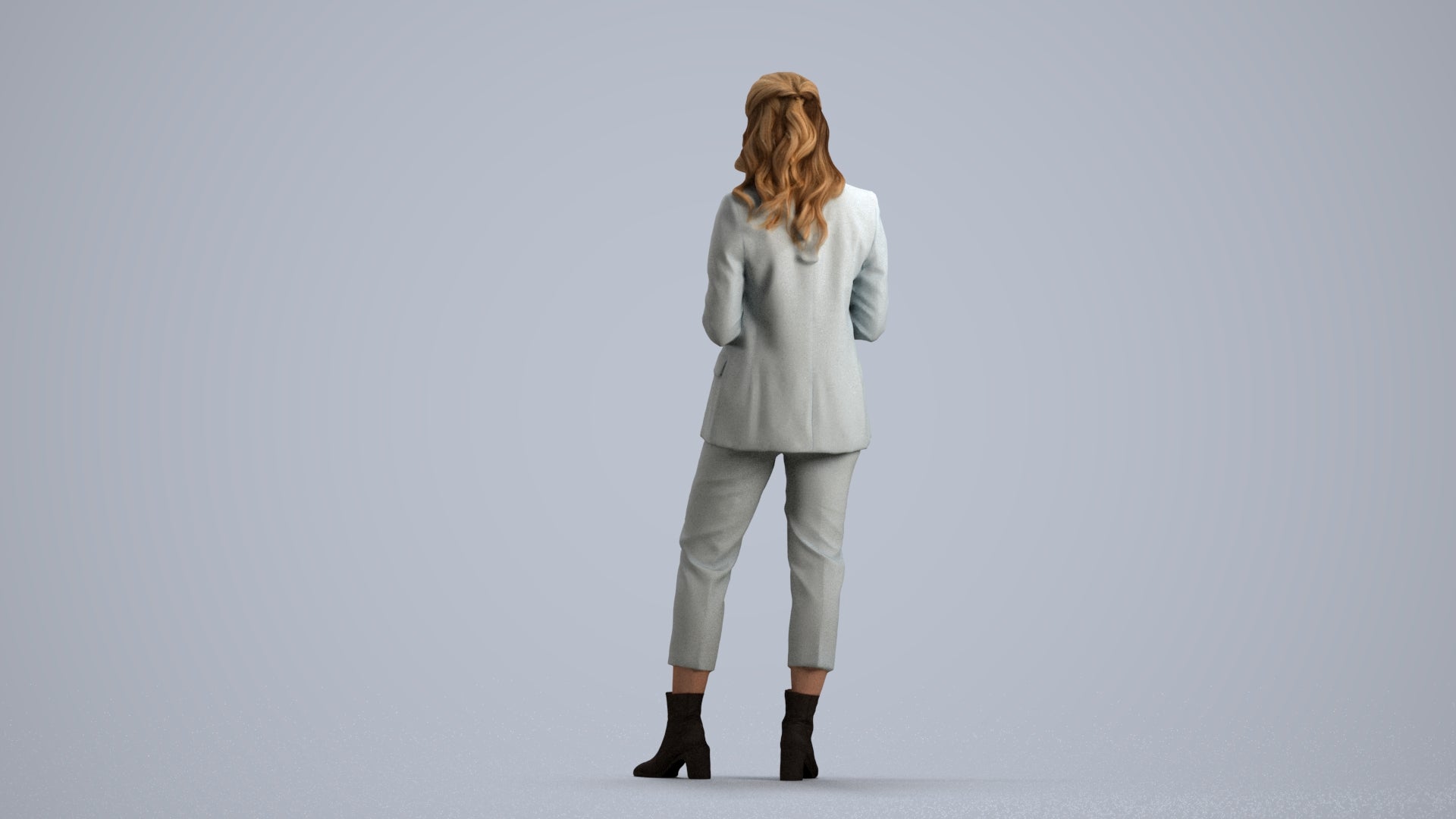3D human model woman business, photogrammetry scanned person for archviz, front view render