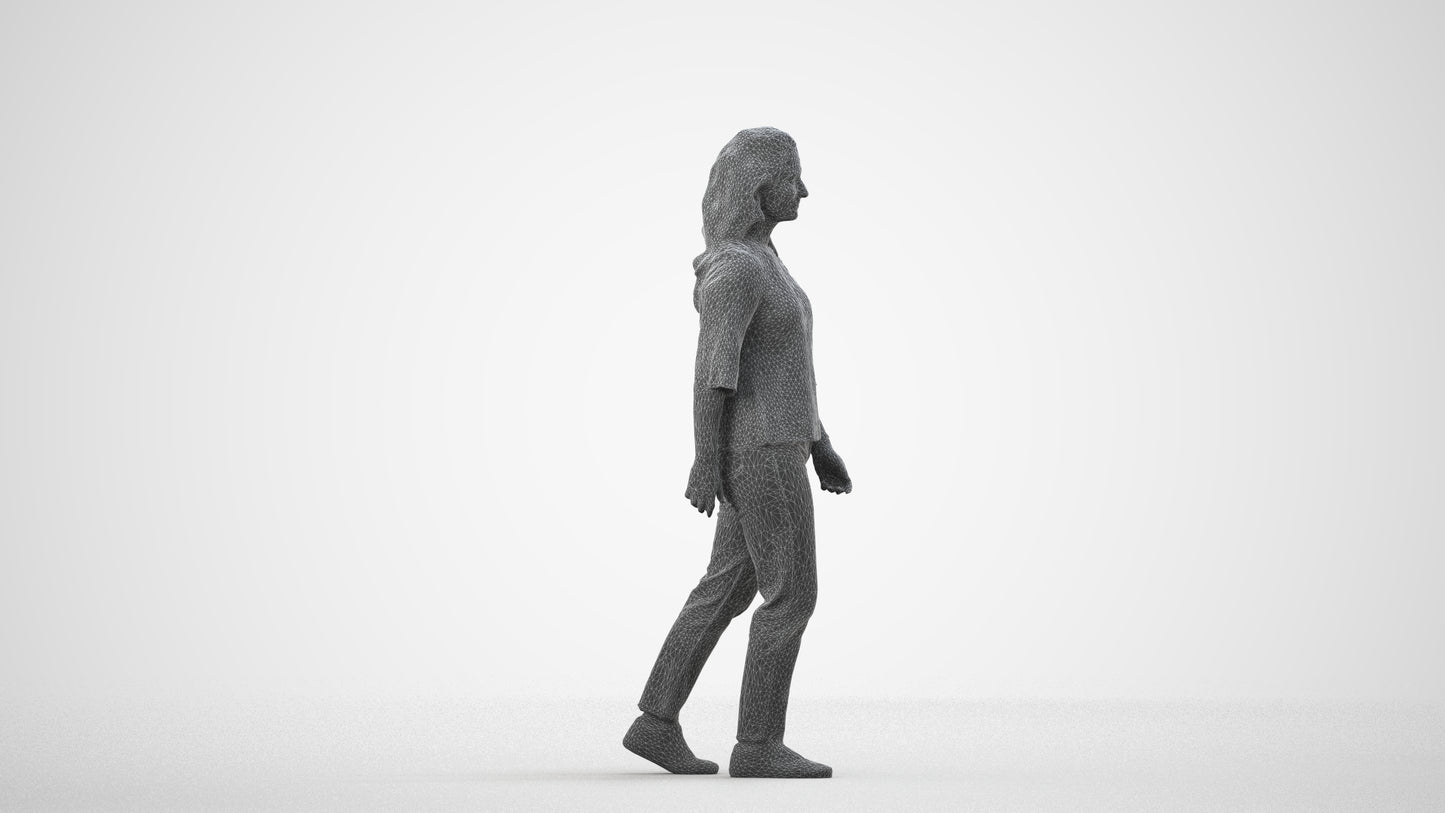 3D scanned woman walking casual, photorealistic archviz people for Enscape and SketchUp, wireframe side view