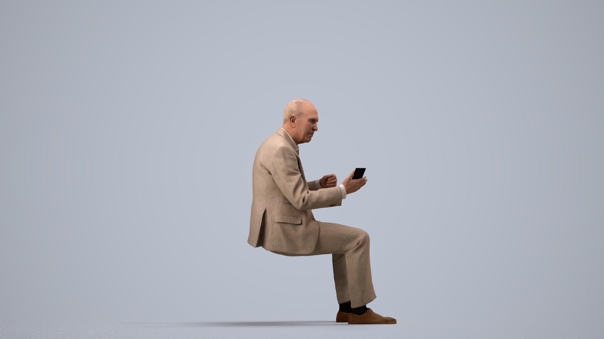 realistic 3D senior man business sitting, scanned archviz people for Blender and 3ds Max, side view render