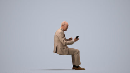 realistic 3D senior man business sitting, scanned archviz people for Blender and 3ds Max, side view render