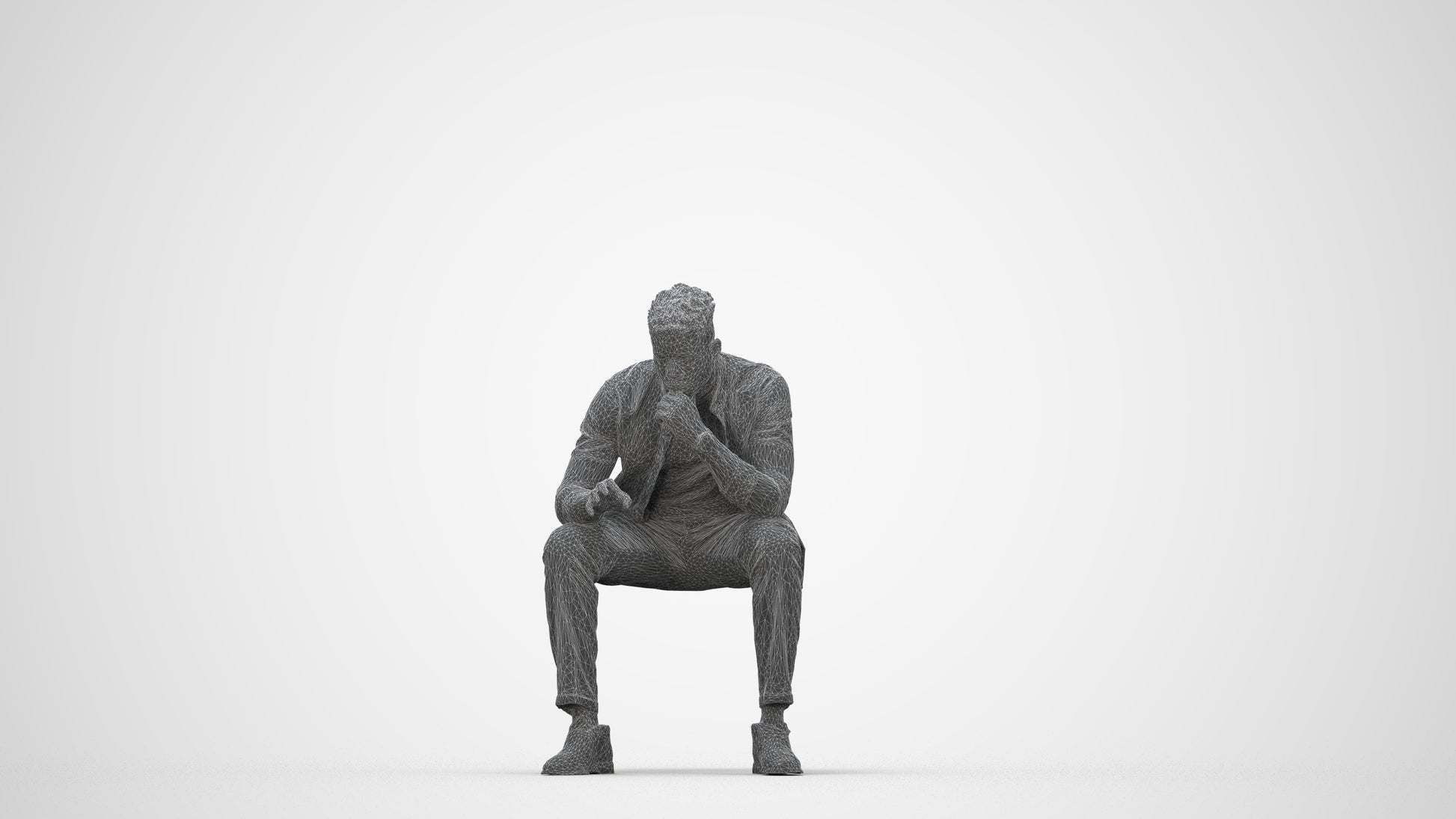 3D human model man casual sitting, photogrammetry scanned person for archviz, wireframe back view