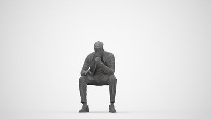 3D human model man casual sitting, photogrammetry scanned person for archviz, wireframe back view