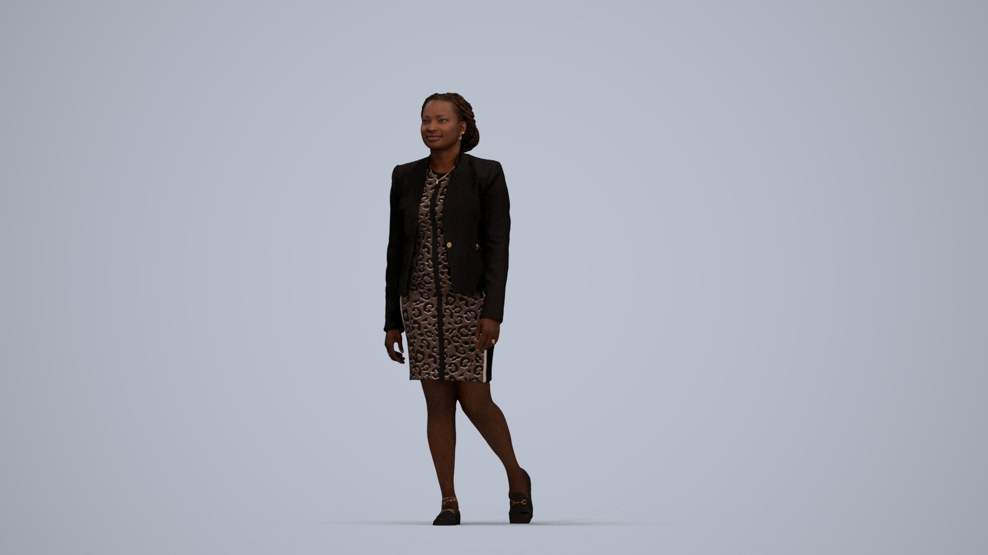 realistic 3D human woman business walking, archviz people FBX OBJ for Blender, top-down view render