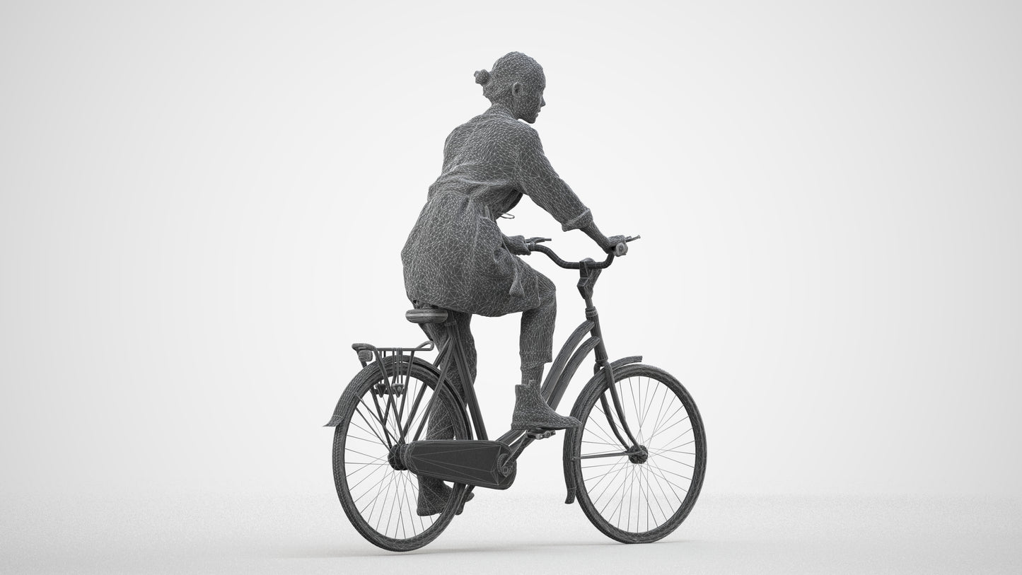 scanned 3D woman casual cycling, photogrammetry people for Enscape and V-Ray, wireframe side view
