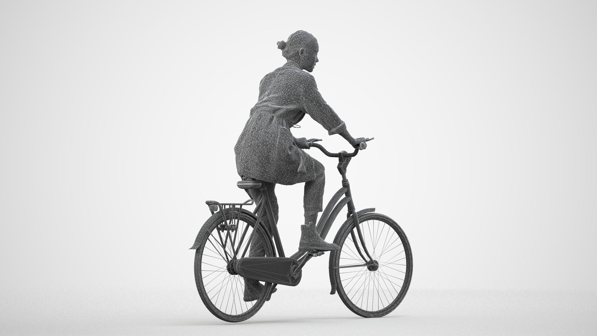 scanned 3D woman casual cycling, photogrammetry people for Enscape and V-Ray, wireframe side view
