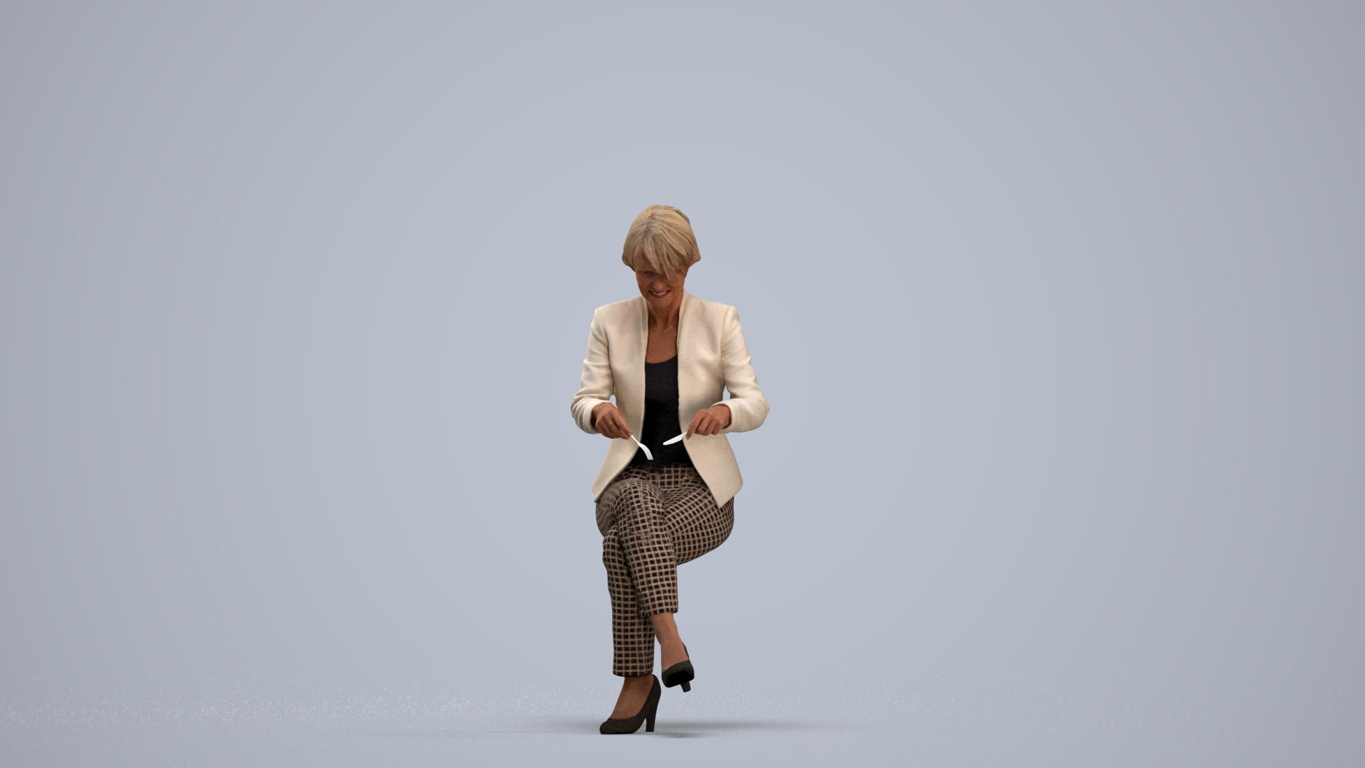 realistic 3D human senior woman business sitting, archviz people FBX OBJ for Blender, standing pose render