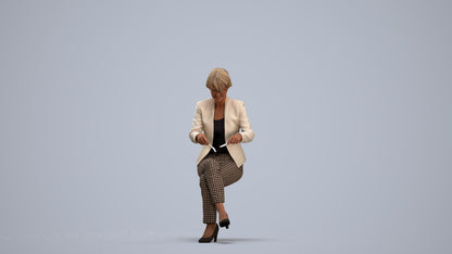 realistic 3D human senior woman business sitting, archviz people FBX OBJ for Blender, standing pose render