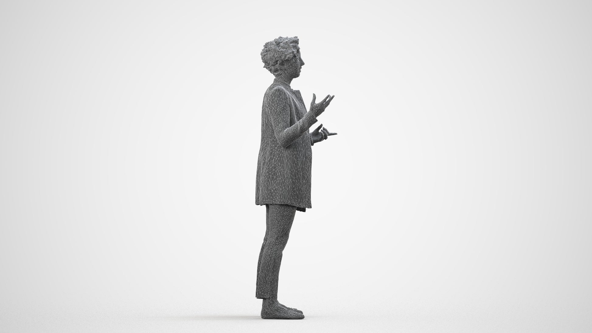 realistic 3D woman business standing, scanned archviz people for Blender and 3ds Max, wireframe side view