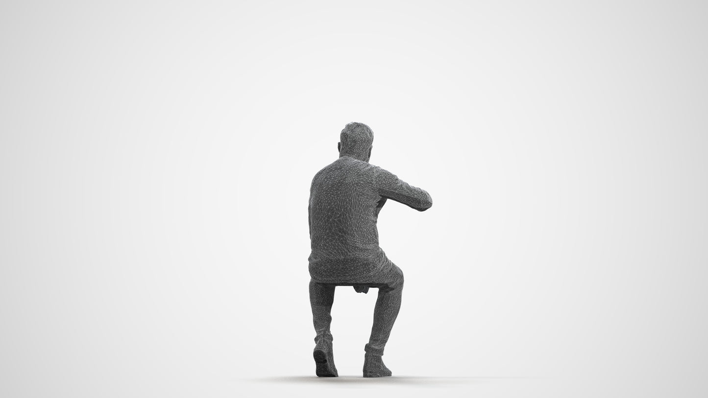 realistic 3D human man casual sitting, archviz people FBX OBJ for Blender, wireframe front view