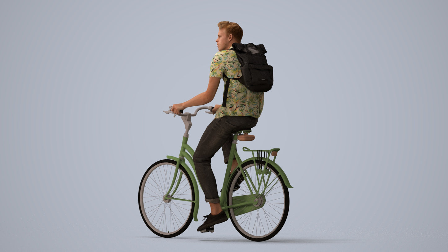 3D people model man casual cycling, scanned human for 3ds Max rendering, three-quarter view render