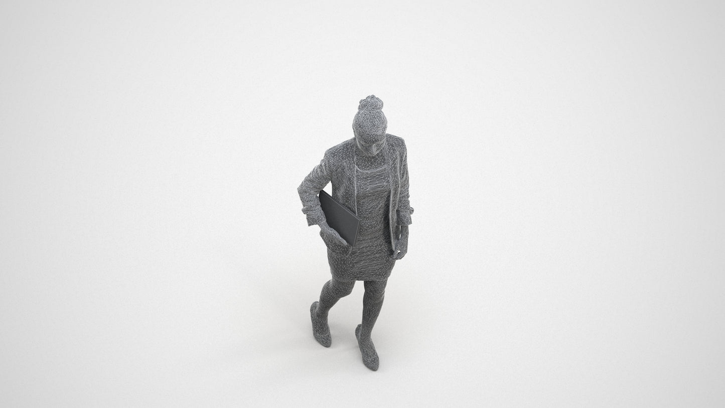 3D human model woman business, photogrammetry scanned person for archviz, wireframe three-quarter view