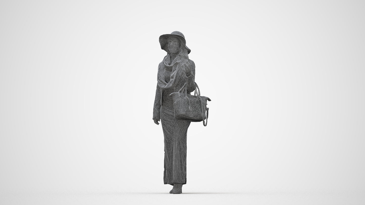 realistic 3D human woman casual standing, archviz people FBX OBJ for Blender, wireframe back view