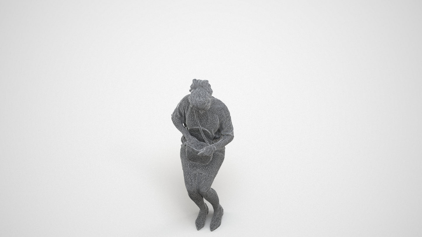 3D scanned woman sitting casual, photorealistic archviz people for Enscape and SketchUp, wireframe three-quarter view
