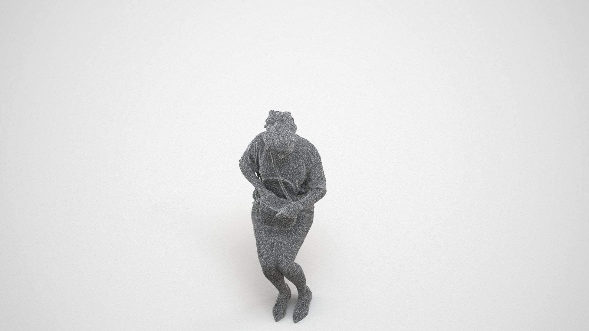 3D scanned woman sitting casual, photorealistic archviz people for Enscape and SketchUp, wireframe three-quarter view