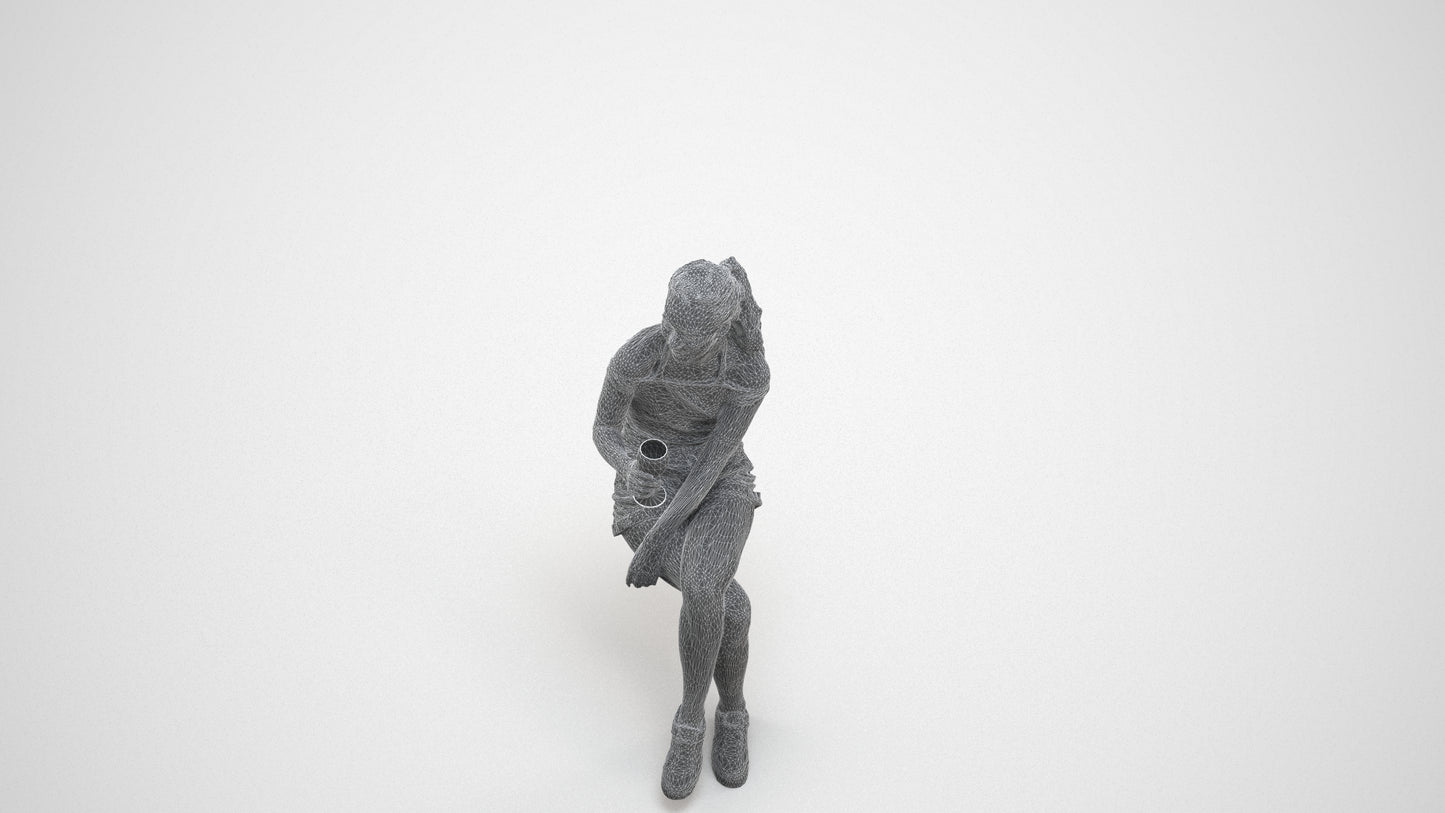 photogrammetry 3D woman casual sitting, realistic human model archviz FBX, wireframe three-quarter view