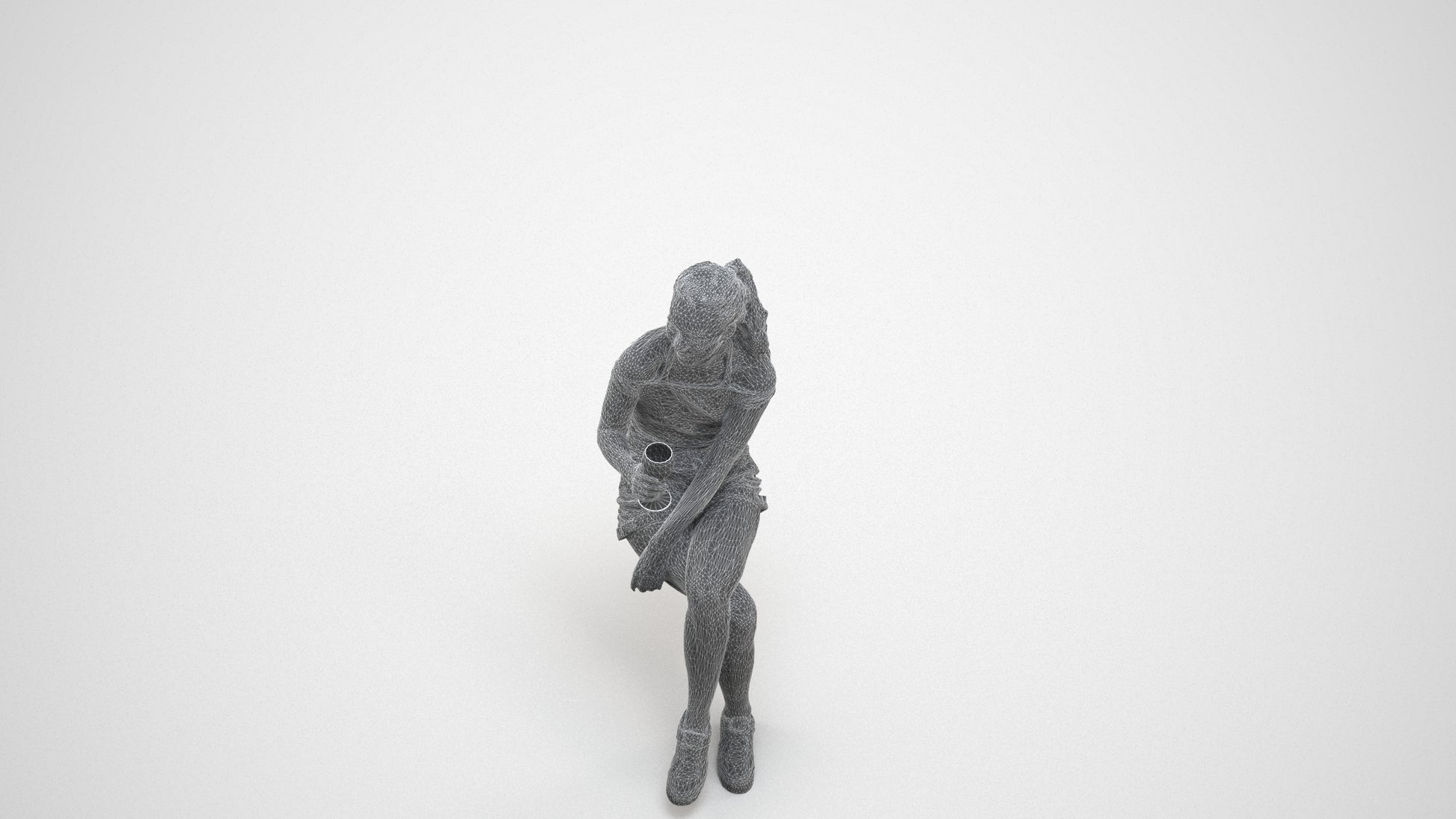 photogrammetry 3D woman casual sitting, realistic human model archviz FBX, wireframe three-quarter view