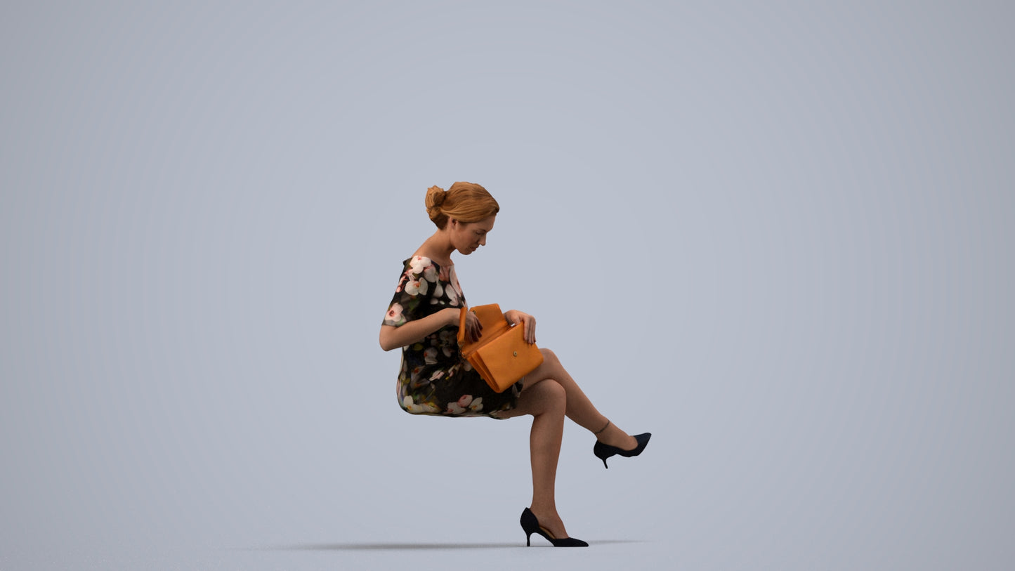 scanned 3D woman casual sitting, photogrammetry people for Enscape and V-Ray, side view render