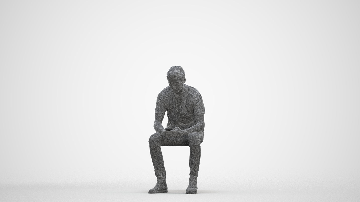 photogrammetry 3D man casual sitting, realistic human model archviz FBX, three-quarter front view render