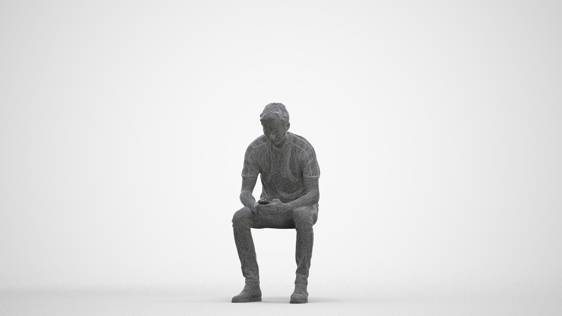 photogrammetry 3D man casual sitting, realistic human model archviz FBX, three-quarter front view render