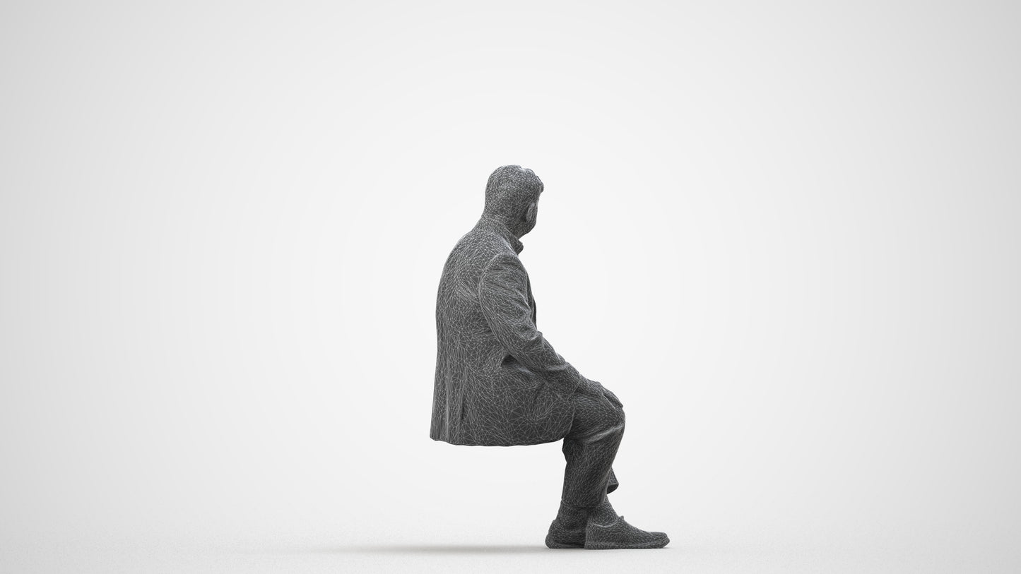 3D people model senior man business sitting, scanned human for 3ds Max rendering, wireframe side view