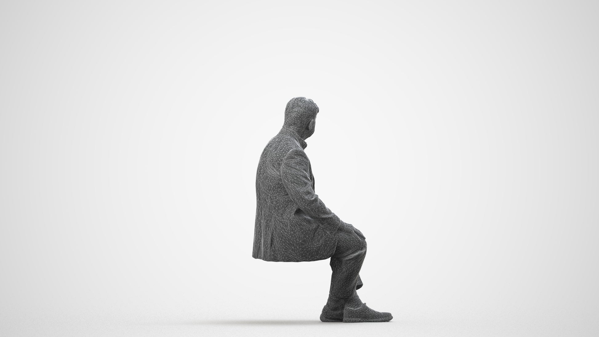 3D people model senior man business sitting, scanned human for 3ds Max rendering, wireframe side view