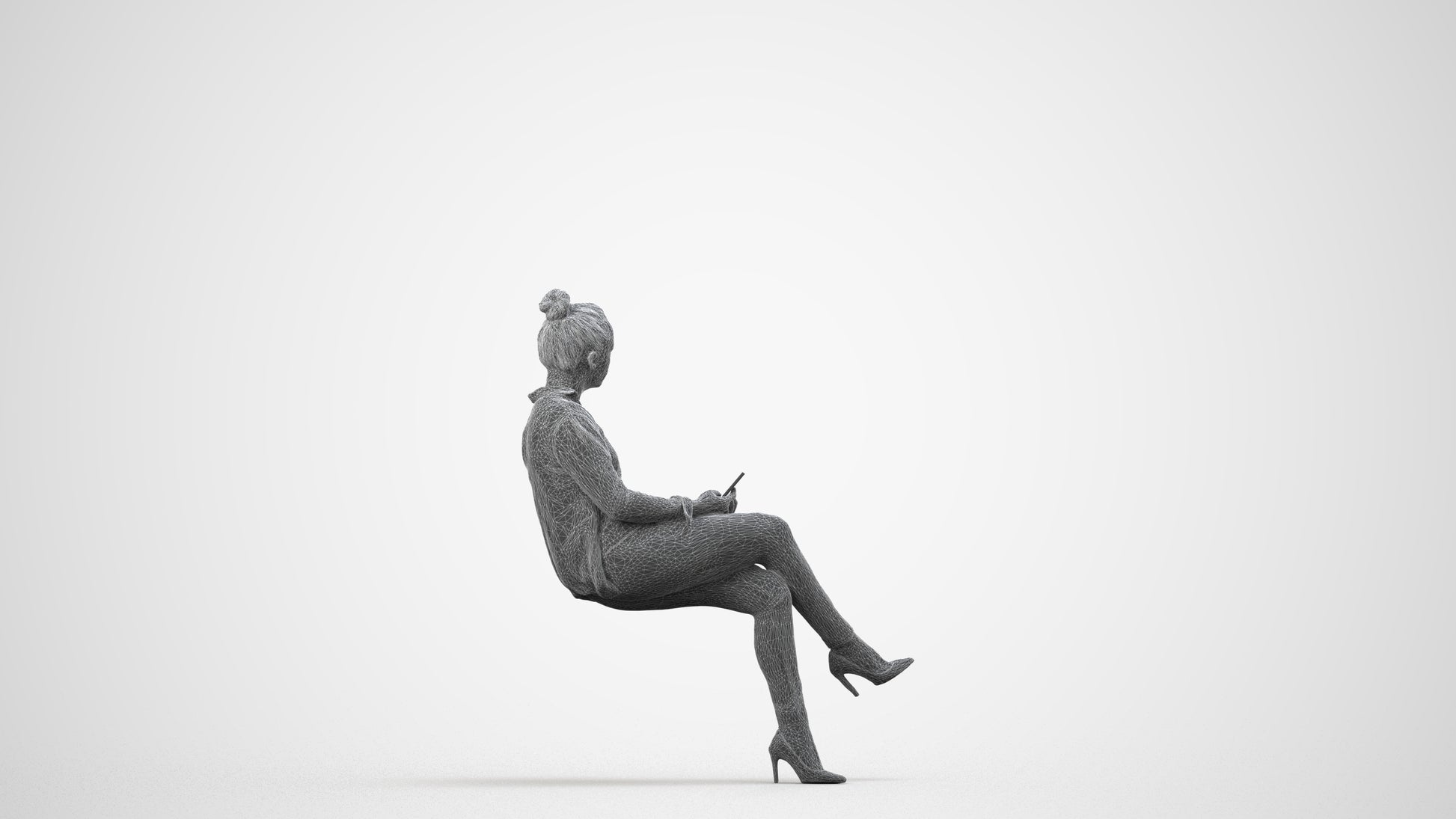 3D people model woman business sitting, scanned human for 3ds Max rendering, wireframe side view