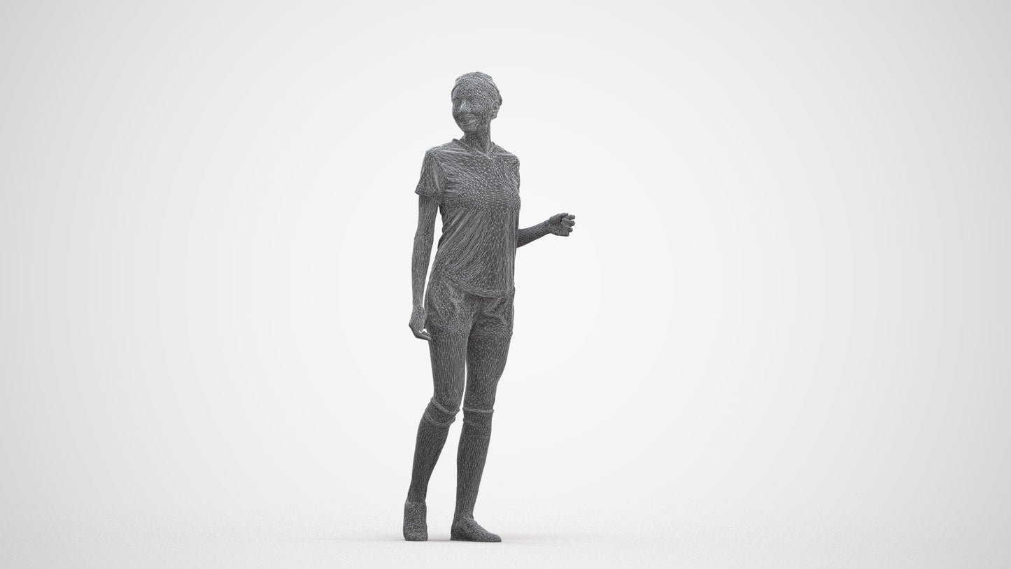 3D human model woman sport, photogrammetry scanned person for archviz, three-quarter front view render