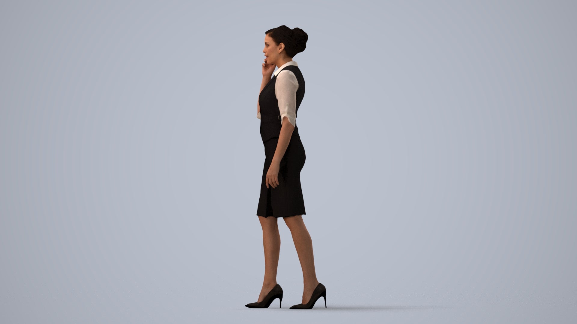 3D people model woman hospitality, scanned human for 3ds Max rendering, three-quarter view render
