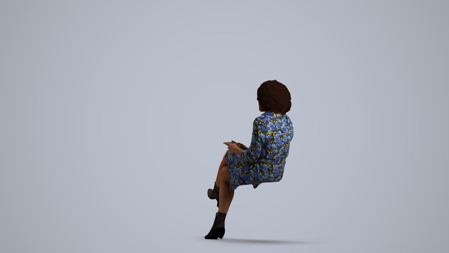 realistic 3D woman casual sitting, scanned archviz people for Blender and 3ds Max, front view render