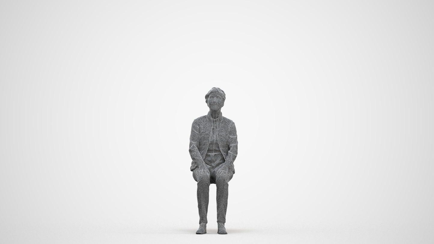 3D people model senior woman casual sitting, scanned human for 3ds Max rendering, three-quarter front view render