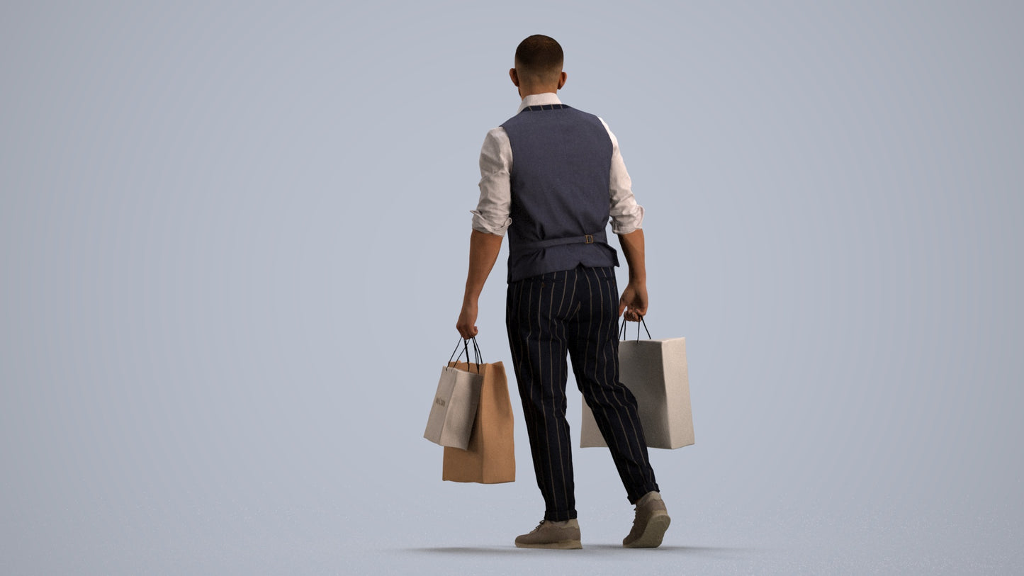 3D human model man casual shopping, photogrammetry scanned person for archviz, front view render