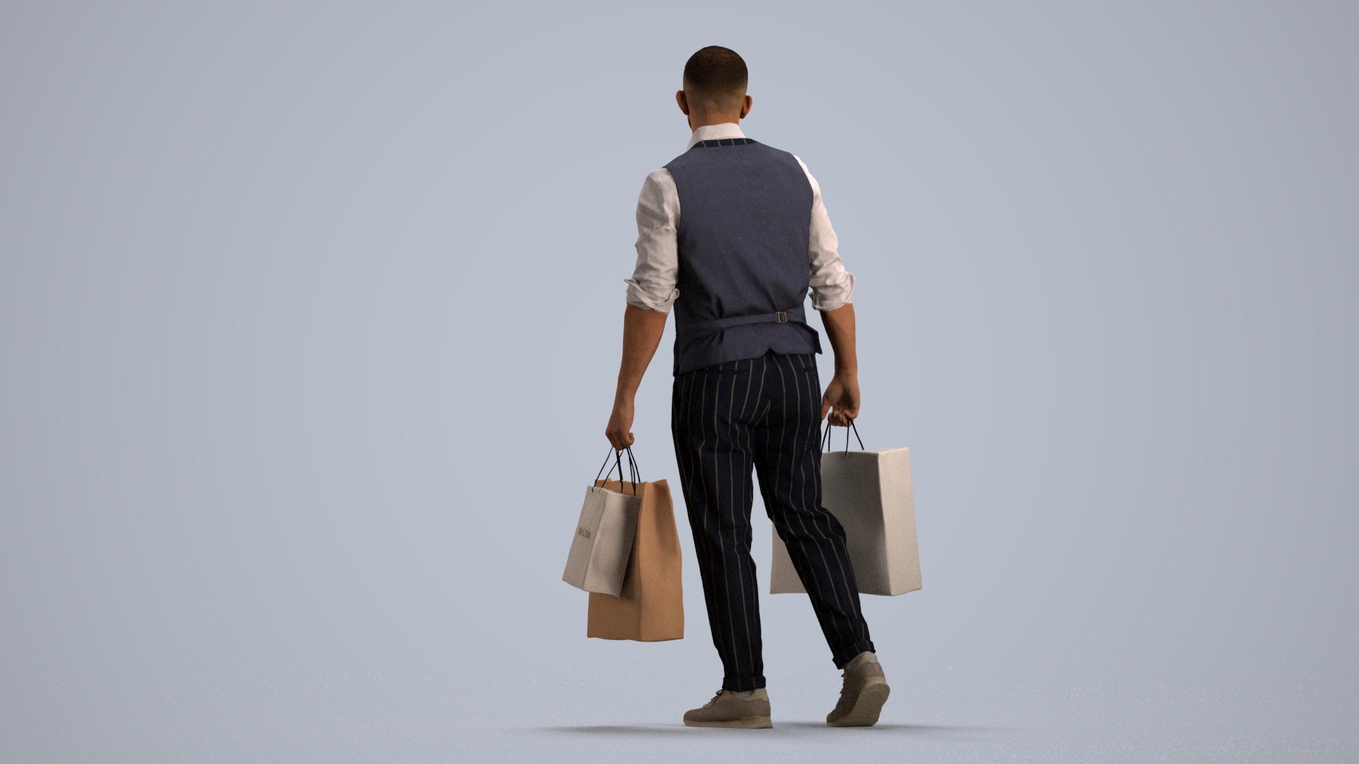 3D human model man casual shopping, photogrammetry scanned person for archviz, front view render