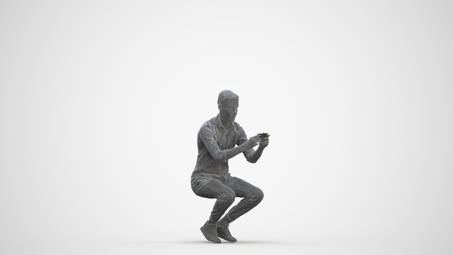realistic 3D man casual sitting, scanned archviz people for Blender and 3ds Max, three-quarter front view render