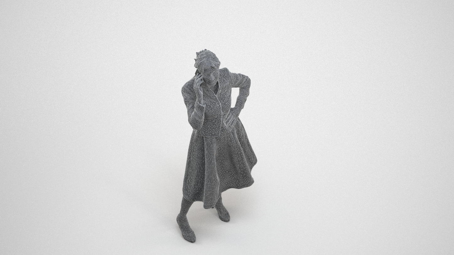 3D human model senior woman business standing, photogrammetry scanned person for archviz, wireframe three-quarter view