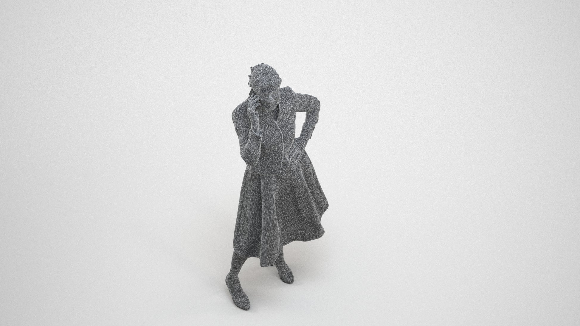 3D human model senior woman business standing, photogrammetry scanned person for archviz, wireframe three-quarter view