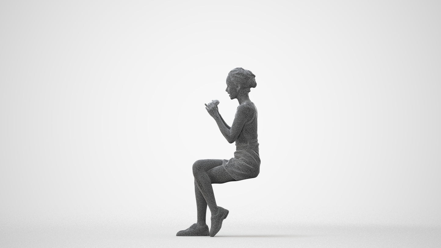 3D human model woman casual sitting, photogrammetry scanned person for archviz, square thumbnail