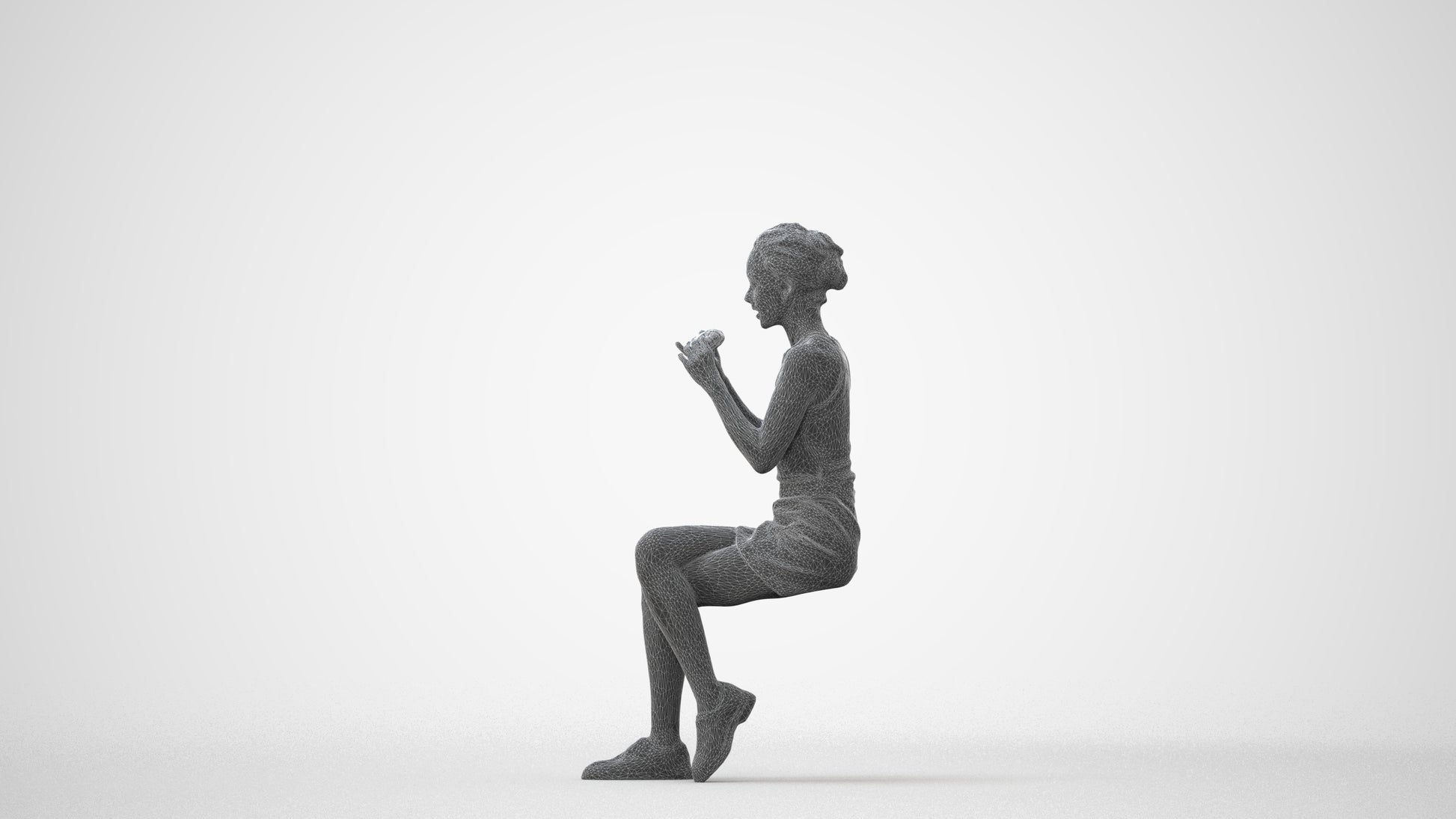 3D human model woman casual sitting, photogrammetry scanned person for archviz, square thumbnail