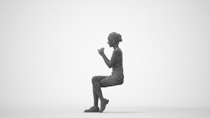 3D human model woman casual sitting, photogrammetry scanned person for archviz, square thumbnail