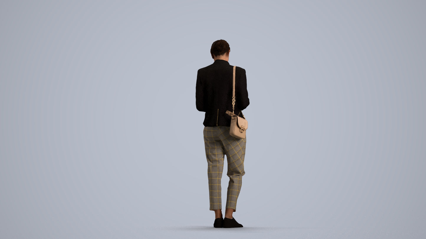 3D human model woman business standing, photogrammetry scanned person for archviz, front view render