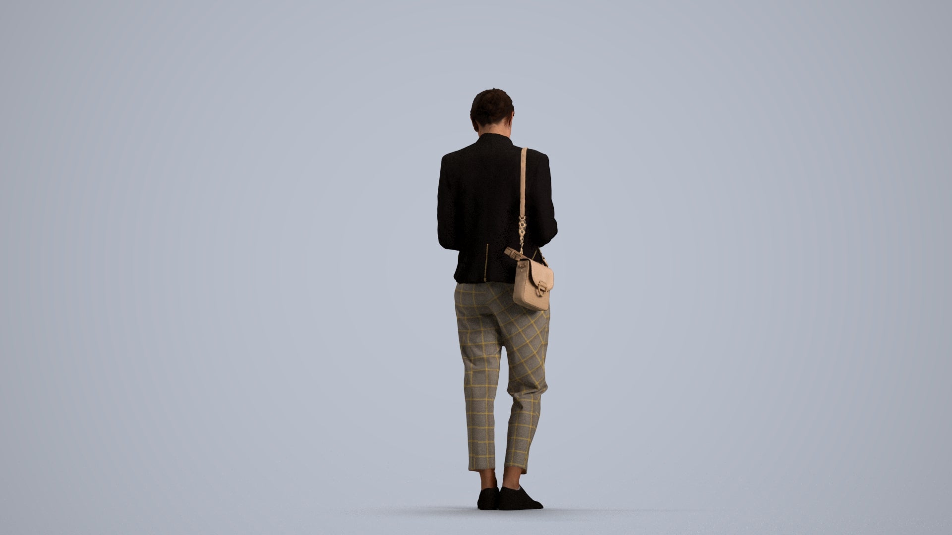 3D human model woman business standing, photogrammetry scanned person for archviz, front view render