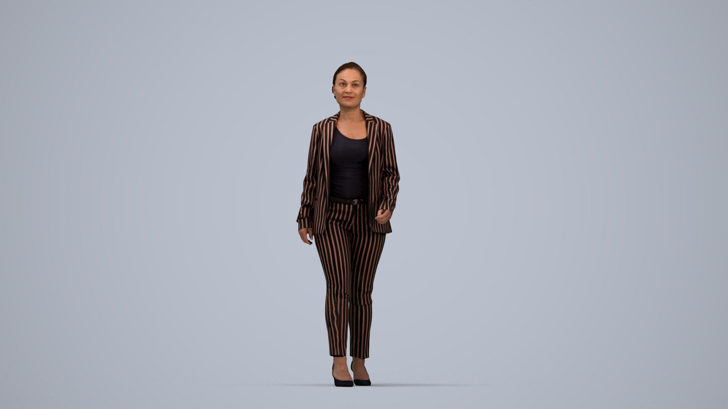 3D human model woman business walking, photogrammetry scanned person for archviz, top-down view render