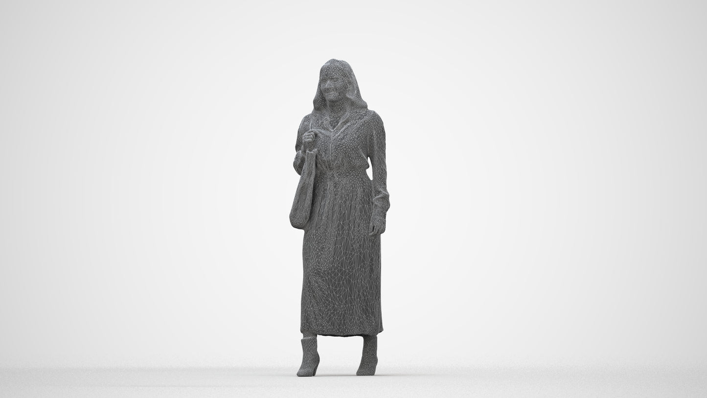 3D human model woman casual walking, photogrammetry scanned person for archviz, wireframe back view