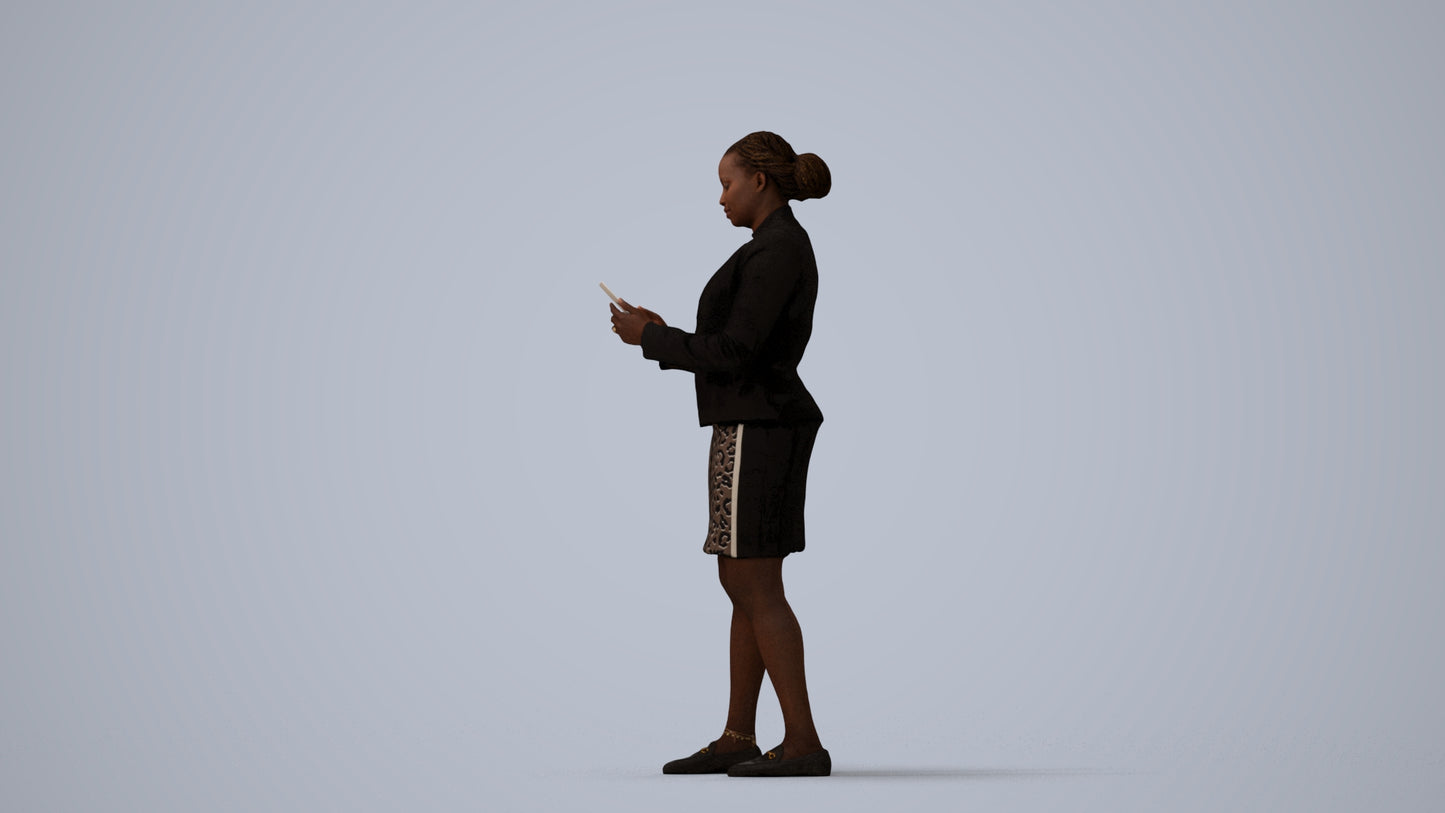 3D human model woman business standing, photogrammetry scanned person for archviz, three-quarter view render
