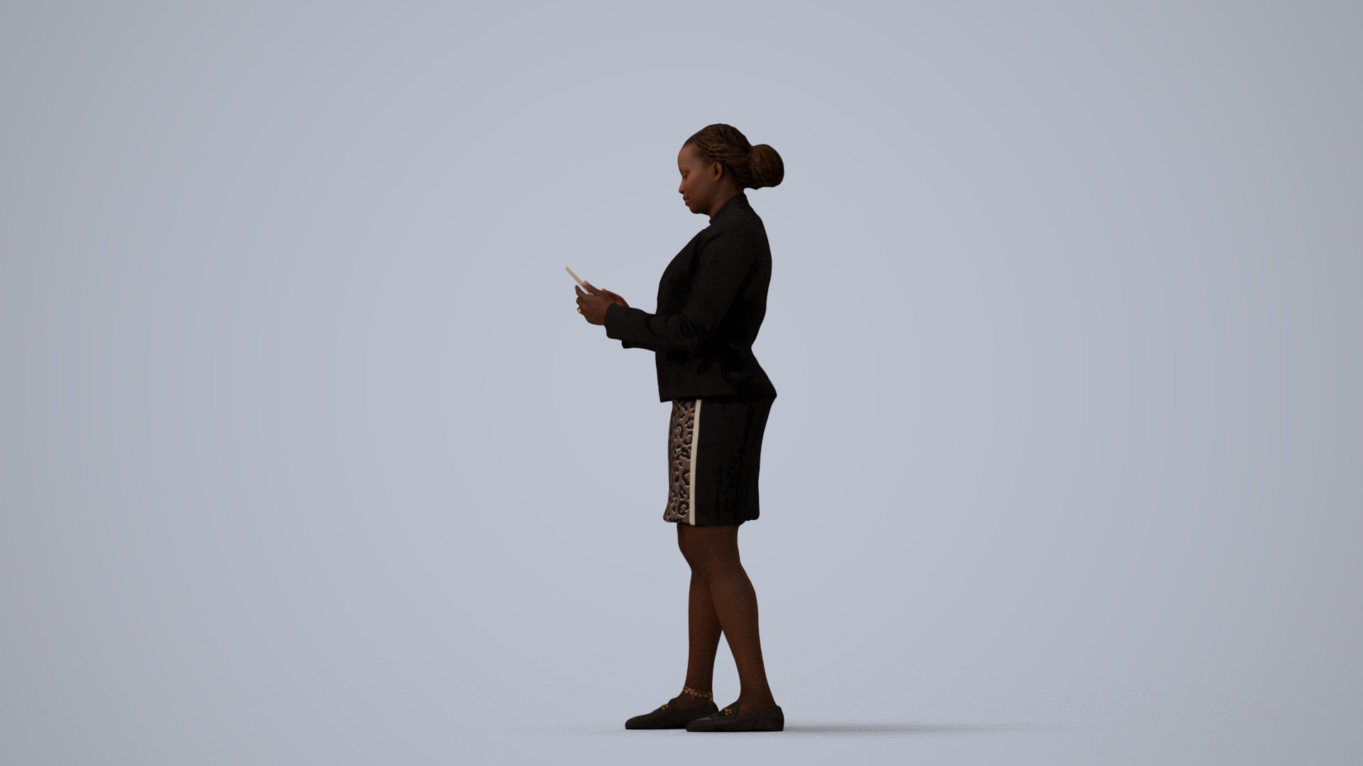 3D human model woman business standing, photogrammetry scanned person for archviz, three-quarter view render