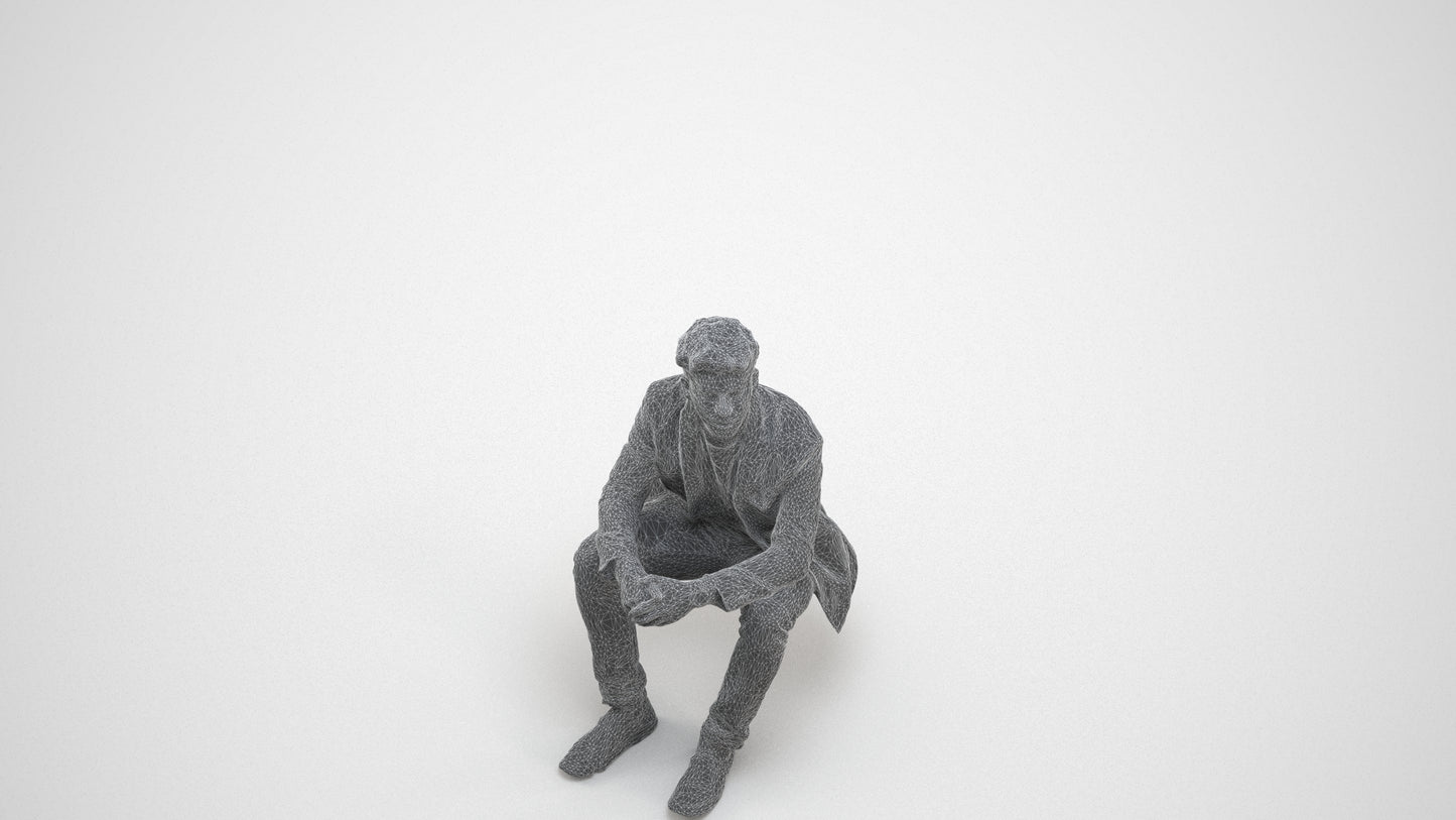 realistic 3D man casual sitting, scanned archviz people for Blender and 3ds Max, wireframe three-quarter view