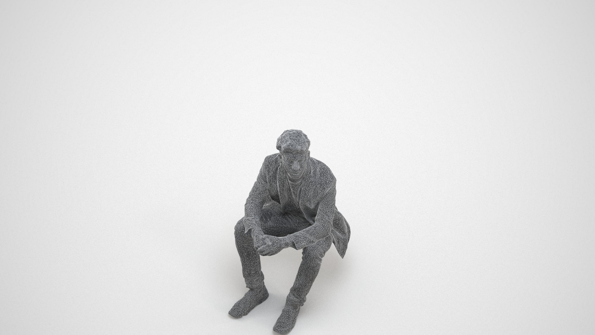 realistic 3D man casual sitting, scanned archviz people for Blender and 3ds Max, wireframe three-quarter view